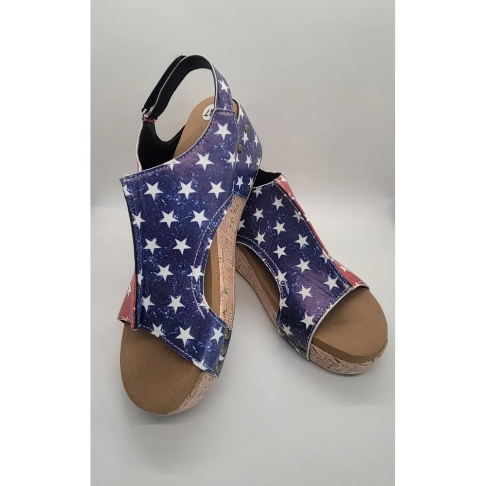 Women's American Flag Wedge Sandals EU 37 US 6 Patriotic Cork Platform Slingback